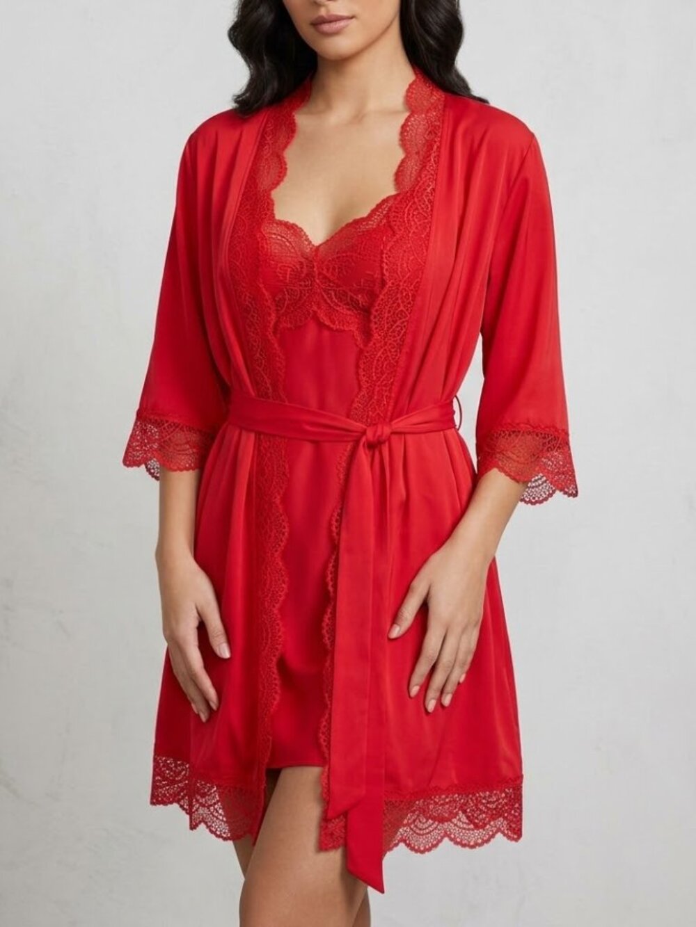 INC International Concepts Red Lace Robe & Chemise Gown Small Pockets Romance